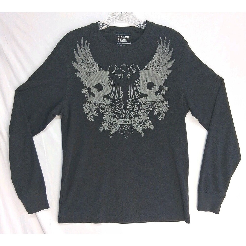 Old Navy Graphic Thermal Shirt Mens Small Black Skull Wings Y2K Goth Skater